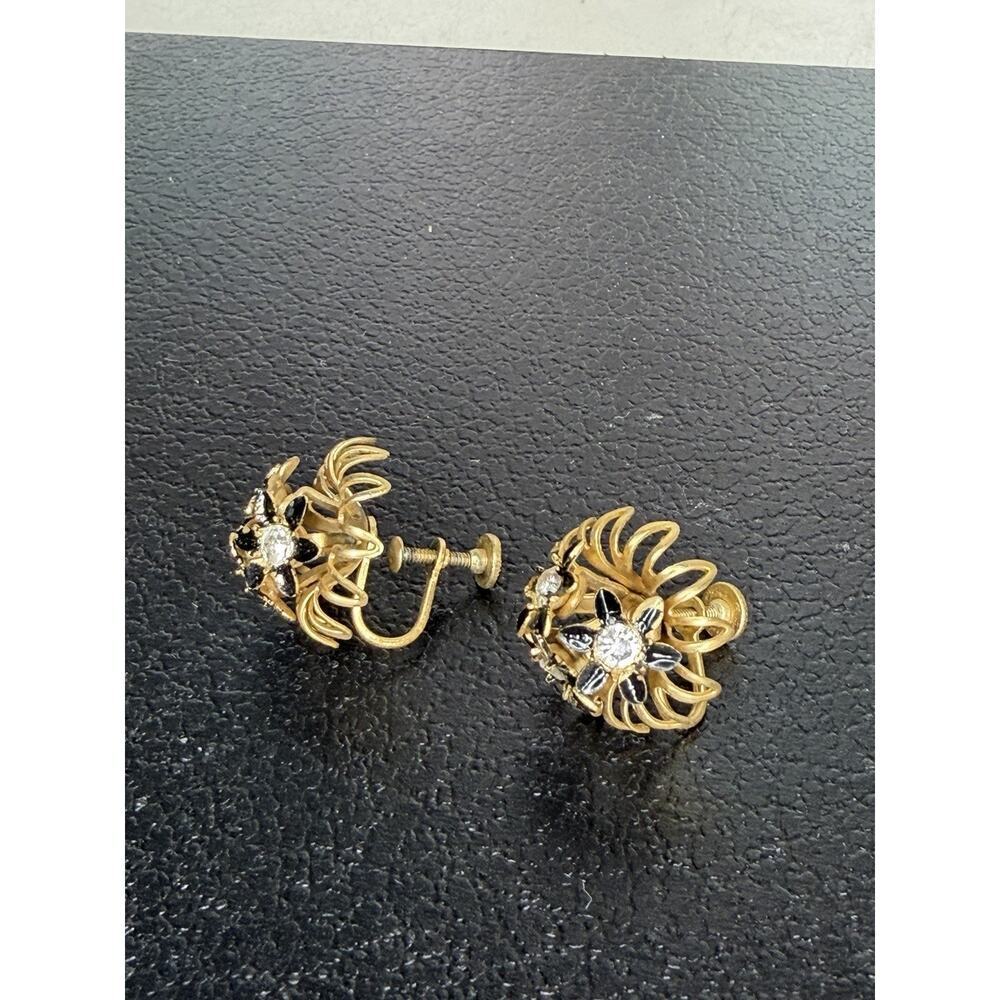 Vintage Black Gold Flower Daisy Rhinestone Screw Back Earrings Regal Glam